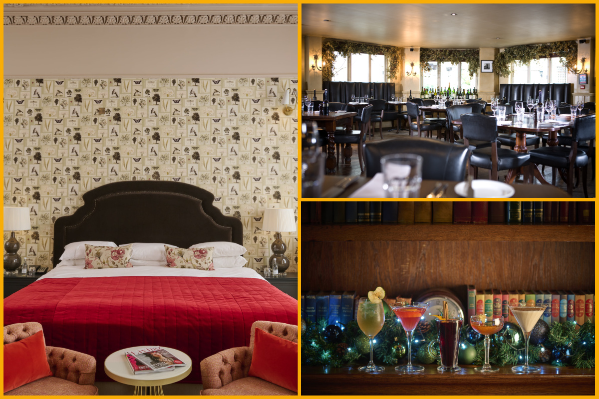 Collage of images of Hotel du Vin bedroom, dining area and festive cocktails served.